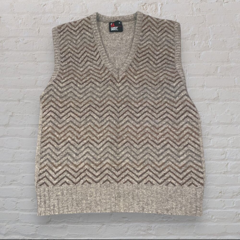 Vintage 80s Robert Bruce Tan Chevron Wool Sweater Vest - Men's Size Medium